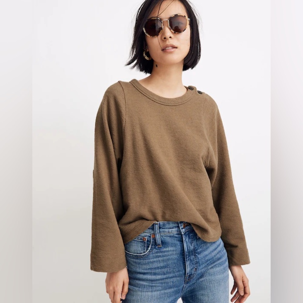 Olive green Madewell Tan Button-Accent elbow patchwork Sweatshirt over size fit